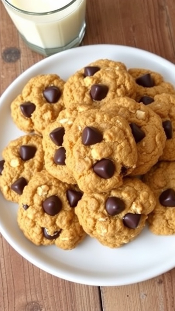 A plate of warm oatmeal cookies with chocolate chips on a wooden table next to a glass of milk.